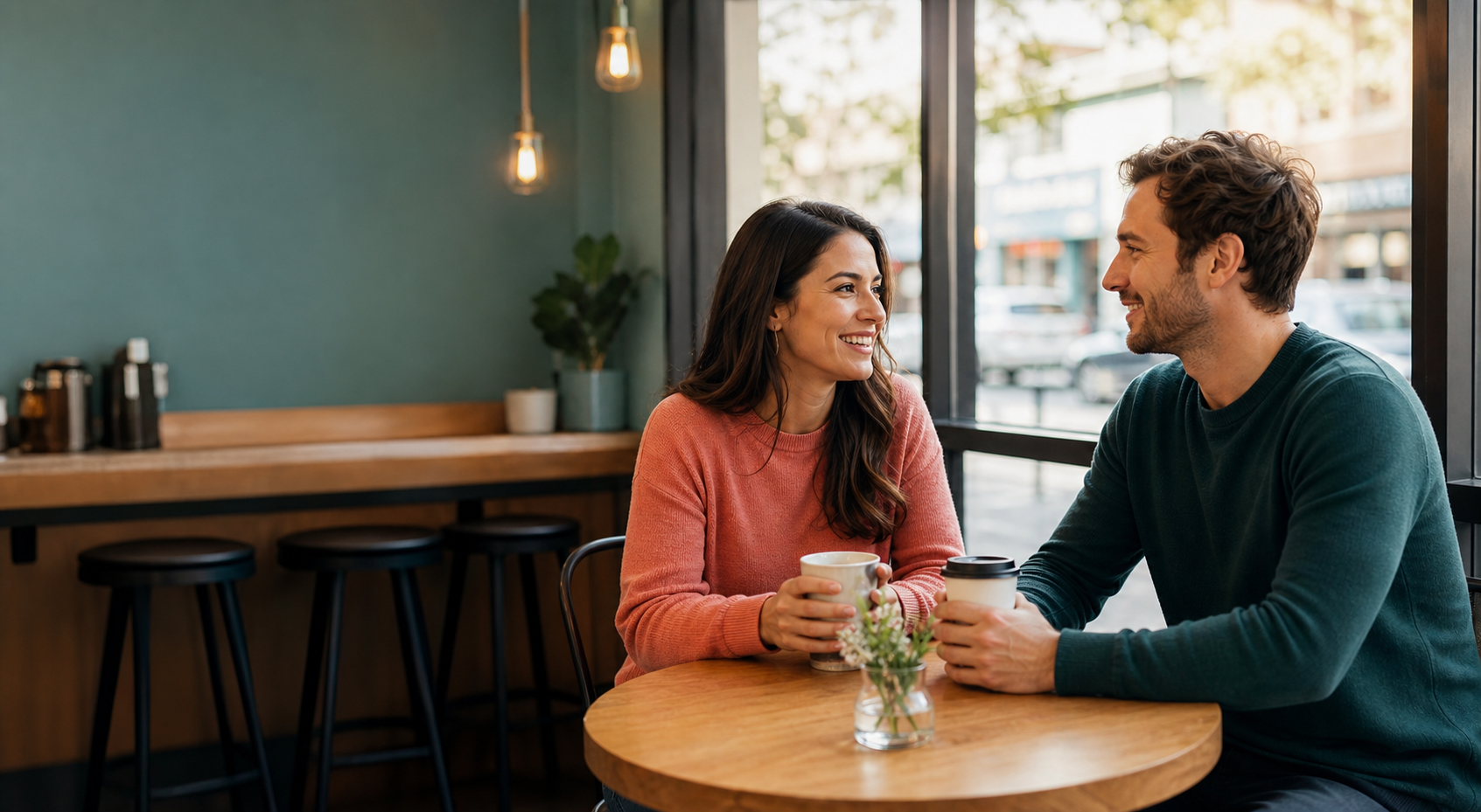 Two adults having a warm conversation in a coffee shop